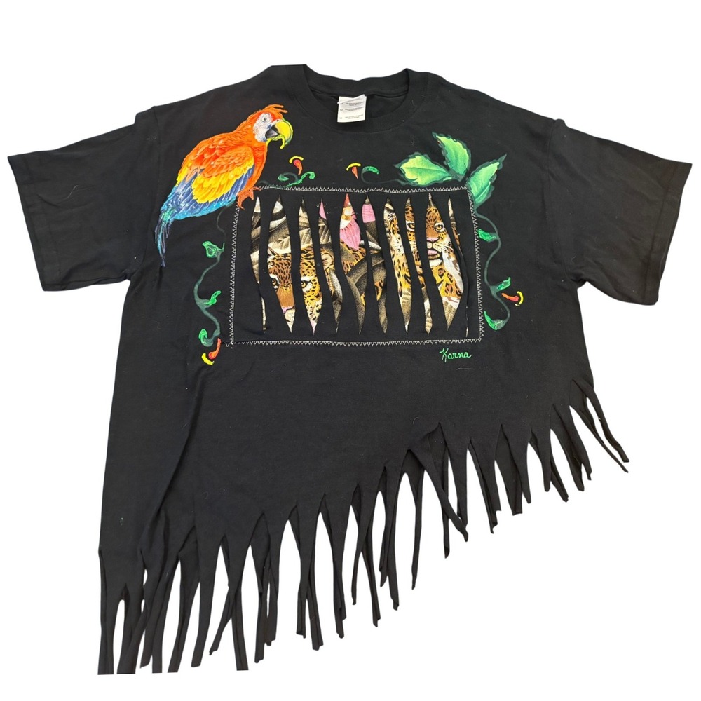 Karna Hand Painted Leopard Parrot Fringe T-Shirt Black Gildan Medium DIY Custom